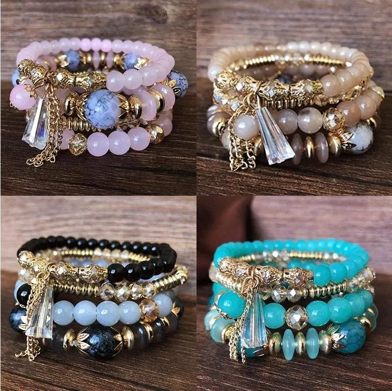 Bohemian Style Rhinestone Bangle Multi-Layer Beaded Crystal Bracelet for Women and Men 2021