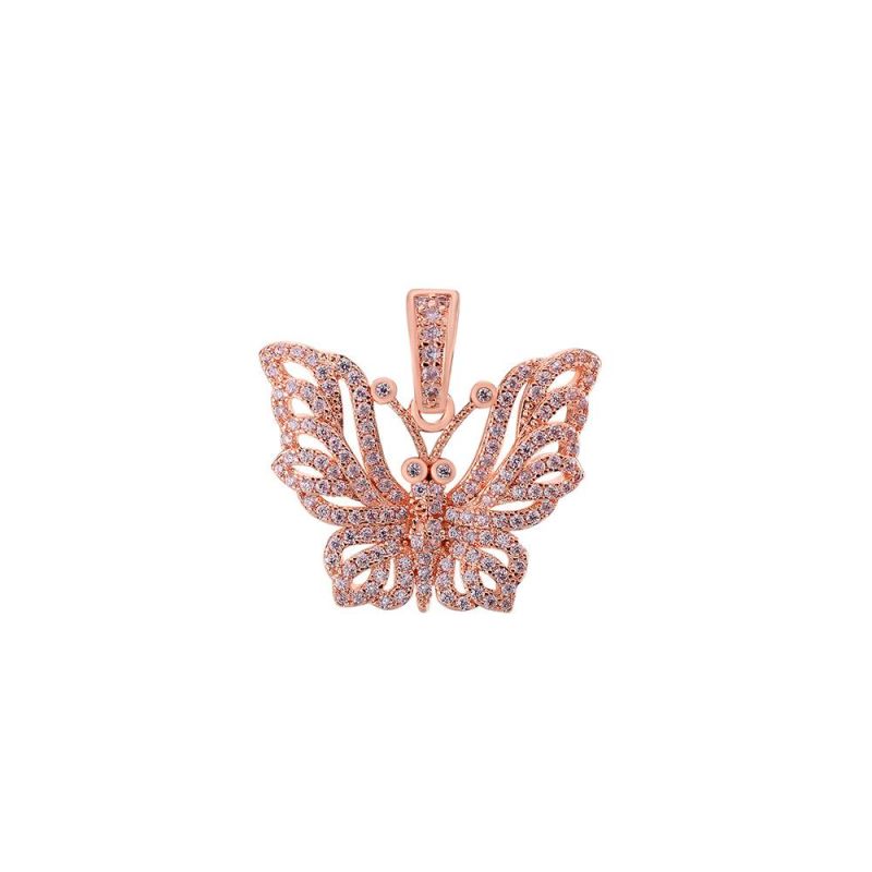 Pink CZ Diamond Rose Gold Charm Iced Butterfly Necklace Pendant