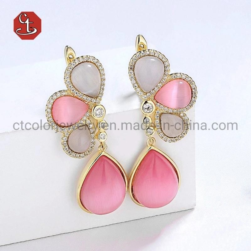 Fashion Jewelry 925 Silver Earring Pear Shaped Color Cat Eye Hoop Earring Jewelry