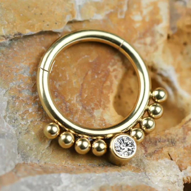 Eternal Metal PVD Gold Titanium Hinged Clicker Nose Rings with Balls and Stone Piercing Jewelry