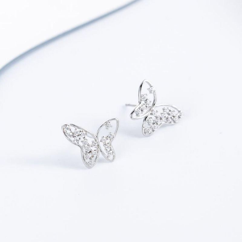 Fashion Jewelry Hollow Butterfly with Zircon Stud Earrings Real 925 Sterling Silver Earrings for Women