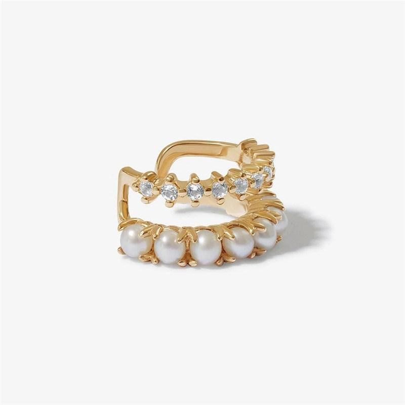 2 Rows Crystal Cubic and Pearls New Fashion 18K Gold Plated Double Hoop Earrings Cuff for High Quality Women Jewelry
