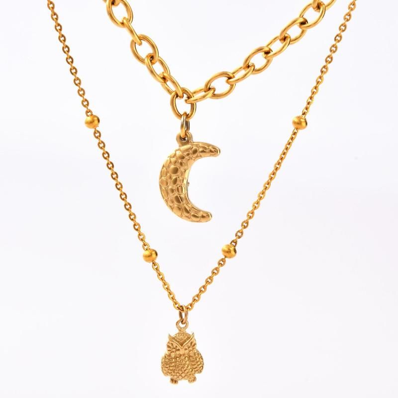 Popular Stainless Steel Gold Plated Layering Necklace Fashion Jewelry with Moon and Eagle Pendant