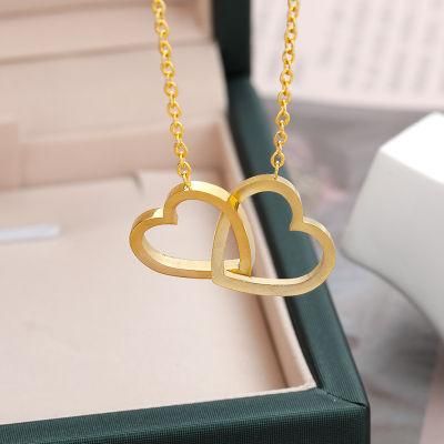 Stainless Steel Gold Filled Double Heart Pendant Necklace Jewelry