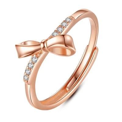 Real 925 Sterling Silver Ring Bowknot Zircon Exquisite Adjustable Ring Women Wedding Sweet Romantic Girl Jewelry