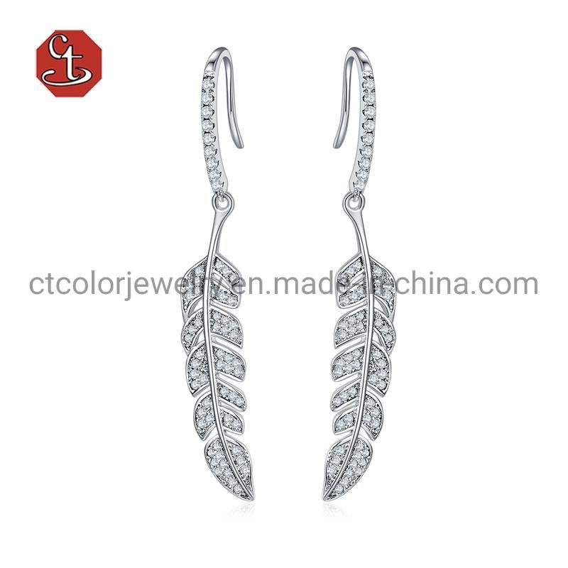 Fashion wedding Jewelry 925 Silver Feather Leaf Hook Earrings