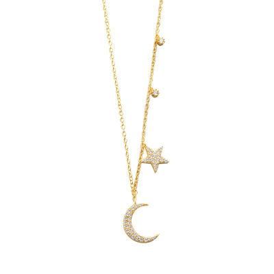 Romantic Moon Star Necklace 925 Sterling Silver Gold Plated Chain Link Necklace for Girlfriend Wholesale