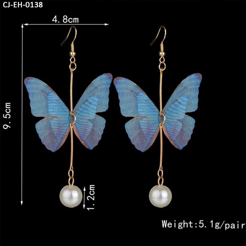Korea Fashion Jewelry Wholesale Summer New Blue Pink Pearl Pendant Butterfly Earrings