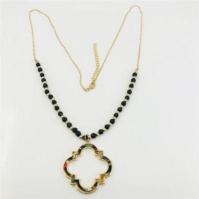 Fashion Accessories Ethnic Gold Plated Long Beads Necklace with Resin Rhombus Pendant