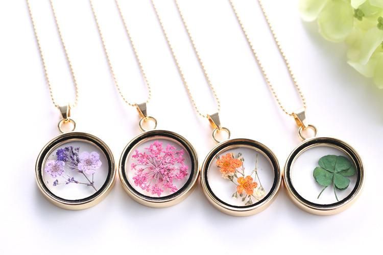 Creative Botanical Specimen Round Dried Flower Pendant Four Leaf Necklace