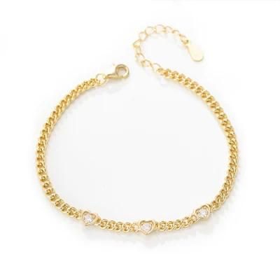Custom Heart White CZ Multi-Charms Women Curb Chain Jewelry Bracelet
