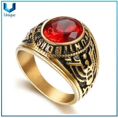 Fashion Antique Jewelry Handmade Ruby Stone Men Ring, Custom Design Titamuim Stainless Steel Cut Stones Diamonds Military Navy Ring for Gifts