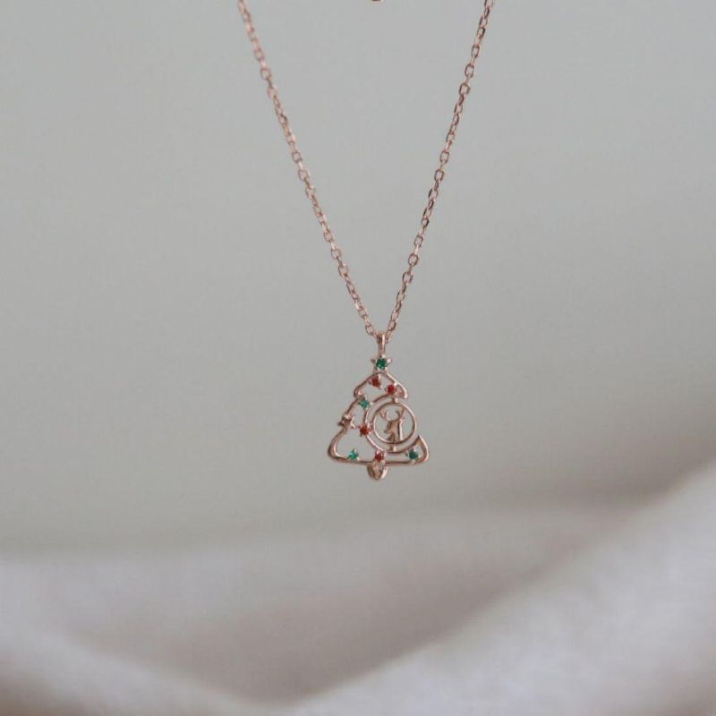 925 Sterling Silver Christmas Tree Reindeer with Colorful CZ Pendant Necklace Women Christmas Gift Fashion Jewelry