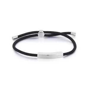 Customized Bracelets Engravable Inspiration Message Silver Bar Black Rope Cord Adjustable Slider for Men