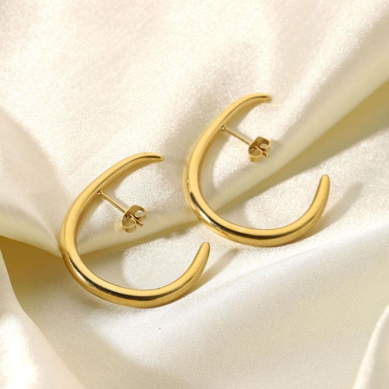Ins Fashion All-Match Stainless Steel 14K Gold Personality C-Shaped Hook Auricle Stud Earrings for Women
