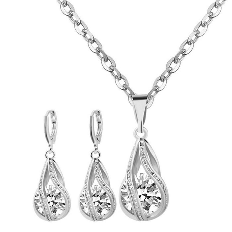 Water Drop 925 Sterling Silver Necklace Earrings Women Jewelry Set