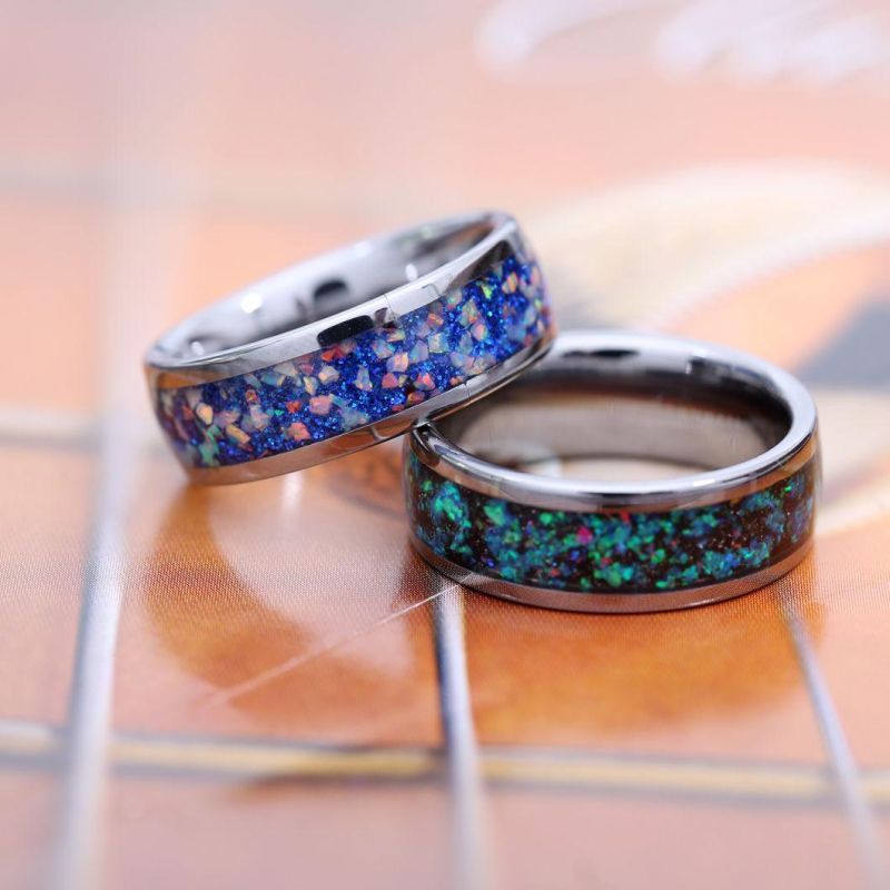 Men Tungsten Carbide Ring Blue Green Opal Stone Inlay