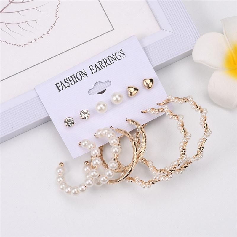 6 Pairs Pearl Heart Ccb Crystal Studs with Pearl Twisted Big Hoop Earrings for Women Accessories