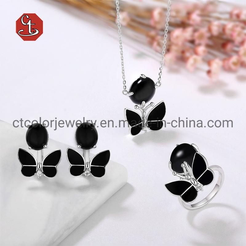 Women Fashion Jewelry Black Butterfly 925 Silver Enamel Ring Shape Finger Ring