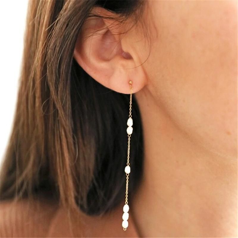 Fashion Accessories Gold Stainless Steel and Long Drop Pearl Earrings