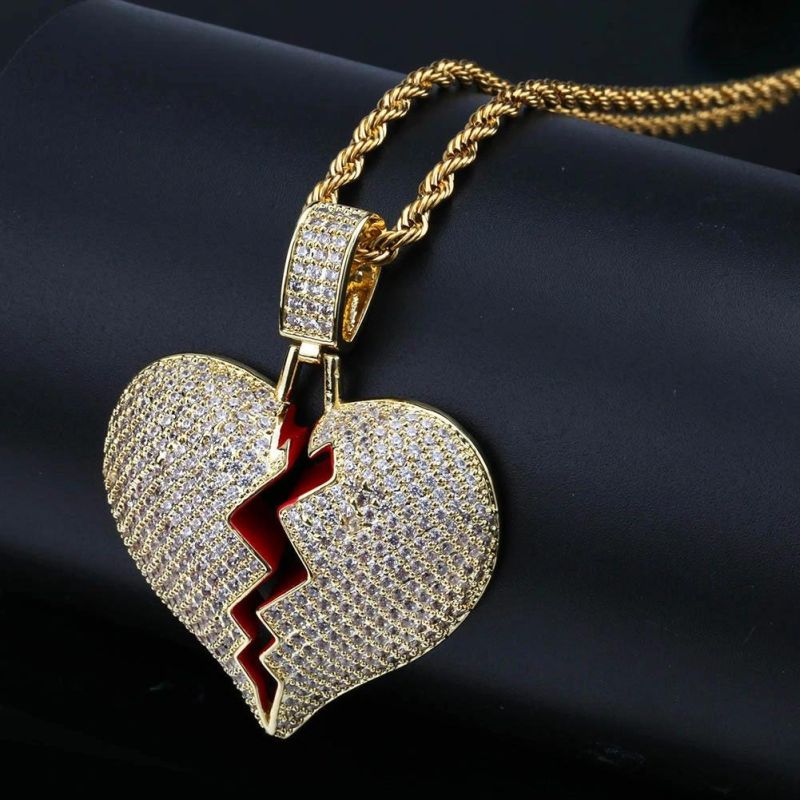 Broken Heart Solid Pendant for Men and Women Full of Zircon Hip Hop Necklace