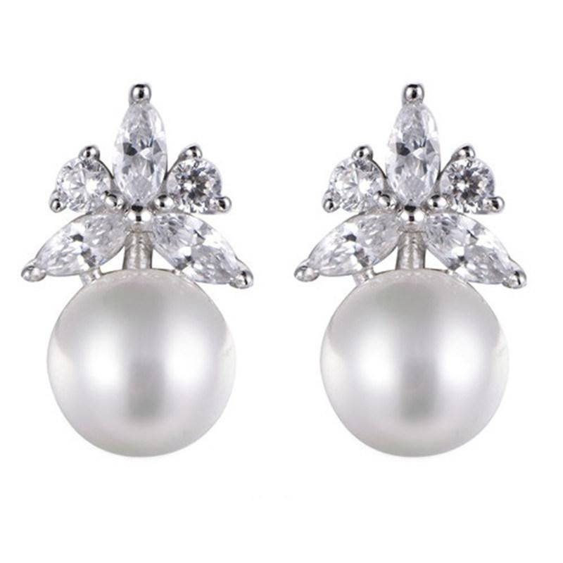 925 Silver CZ Small Crown Earring with Pearl