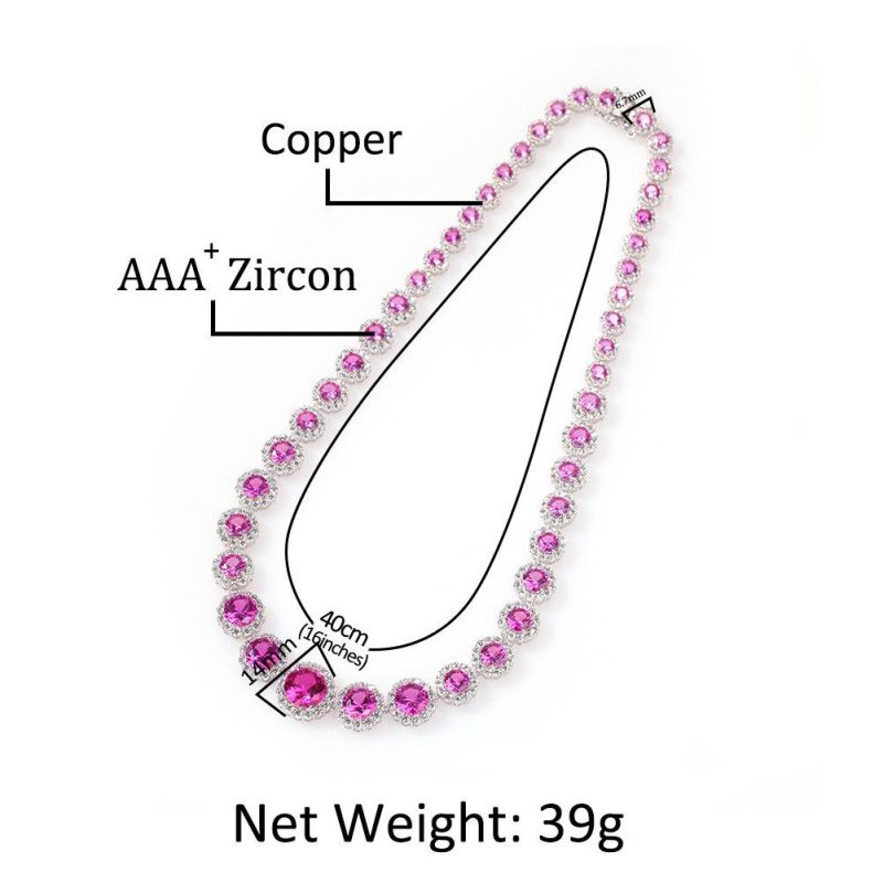 Hip Hop Round Pink Zircon One Row Tennis Chain Necklace