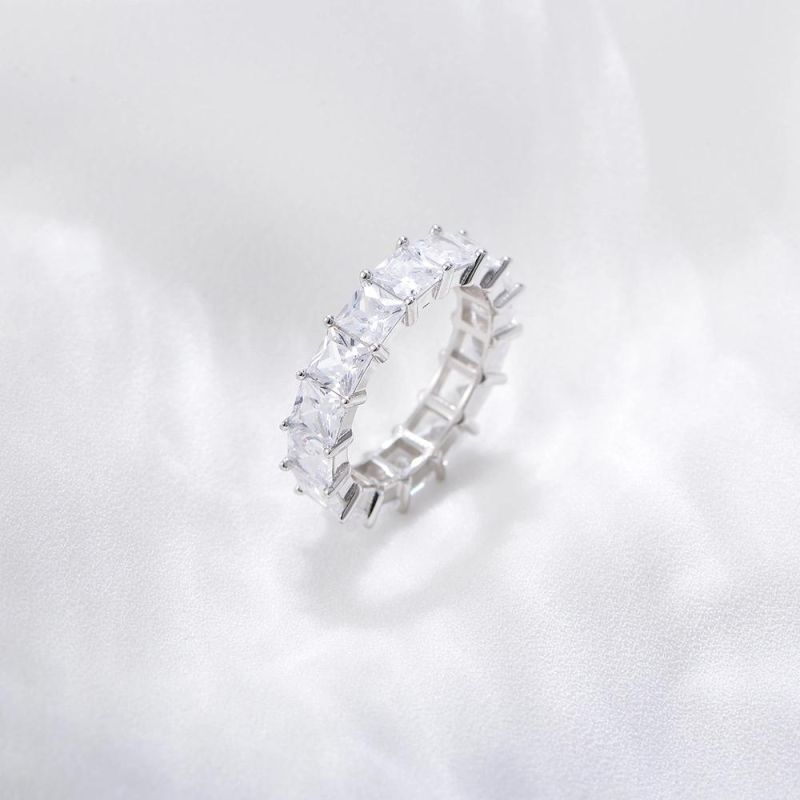 Hot Selling Full Diamond Square Zircon Baguette Ring 925 Sterling Silver Rings for Women