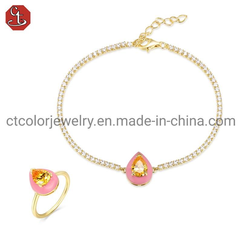 Fashion Jeweley Yellow Gold Coated 925 Silver Sterling Enamel Bracelet with Lemon Topaz Stone
