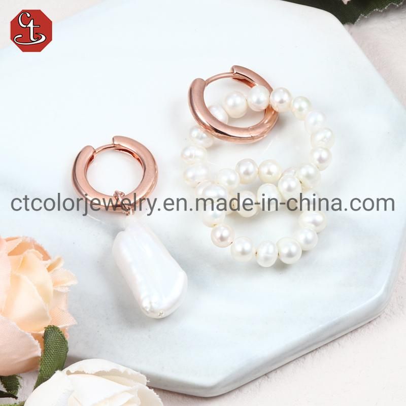 Fashion Jewelry Silver Earring with Freshwater Pearl double Drop Design Hoop Earring