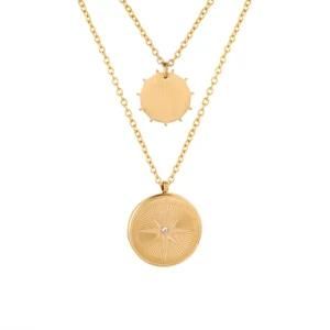 Women Fashion Stainless Steel Double Round Charm Sun and Compass Necklace
