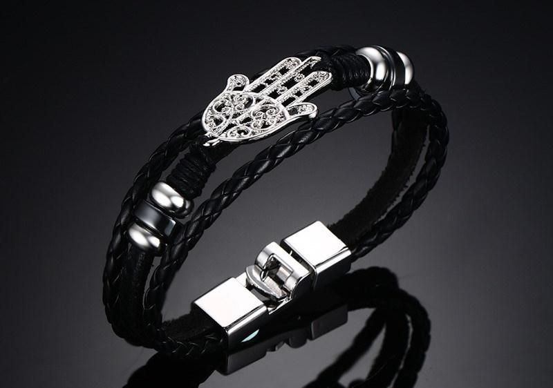 Black Leather Rope Hamsa Hand Fashion Bracelet Jewelry Promotion Gift