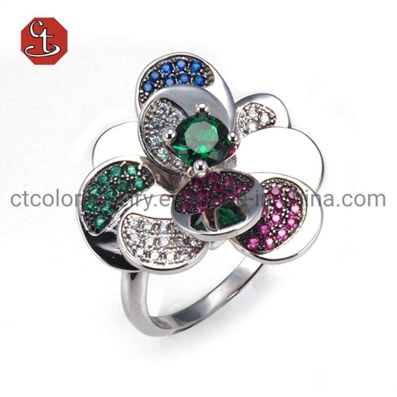 Flower Pendant Silver Jewelry Sets Green/Sapphire/Ruby CZ Necklace