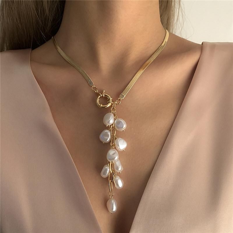 Manufacture New Design Heart Shape Cluster Pearl Drop Stainless Steel Flat Snake Chain Necklace for Women Fashion Jewelry Accessories Bijoux