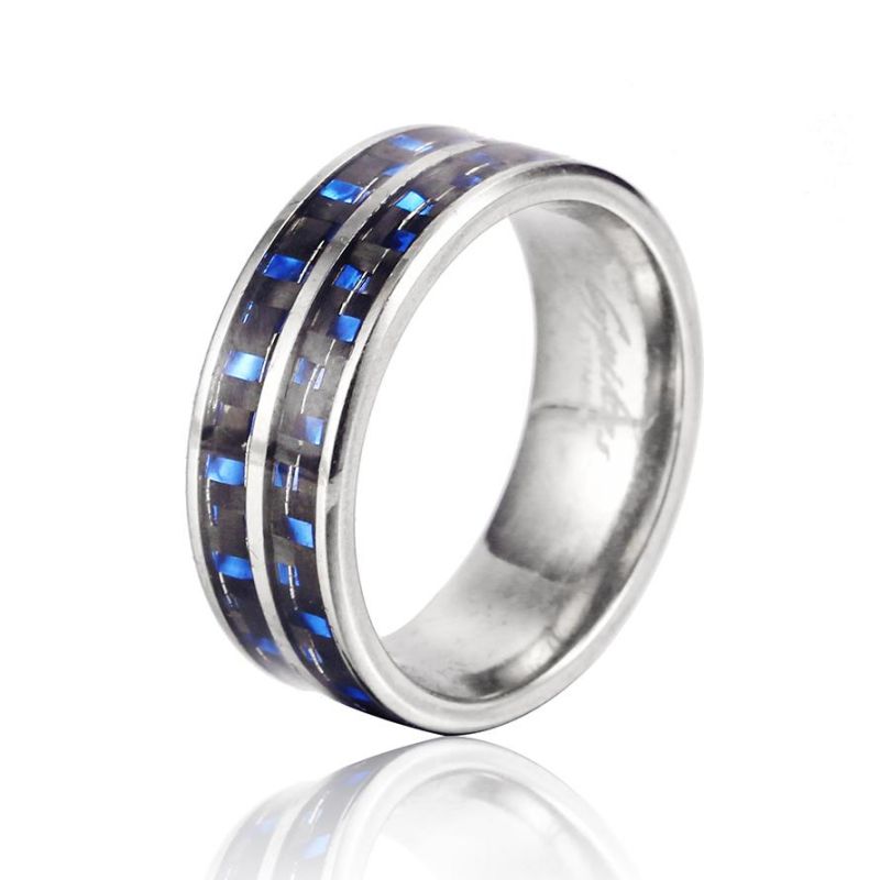 Black Blue Carbon Fiber Inlay Fits Comfortably on a Stainless Steel Ring for Men′s Wedding Rings