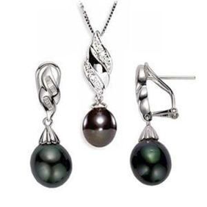 Fashion Flower Faux Black Pearl Pendant Necklaces Earrings Jewelry Set
