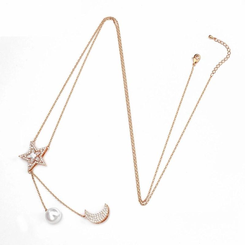 Fashion Jewelry Star Type Rose Gold Color Pearl Sweater Chain Necklace for Women