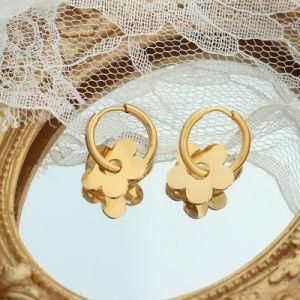 France Women Luxury Flower Pendant Earrings Titanium Stainless Steel Plated 18K Real Gold Hoop Earrings for Girls