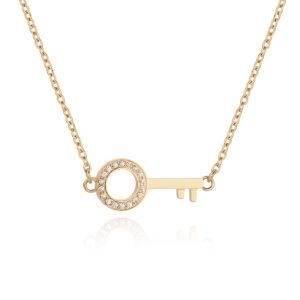Fashion Tennis Crystal Bling Key Shape Stainless Steel Necklace Pendant Jewelry