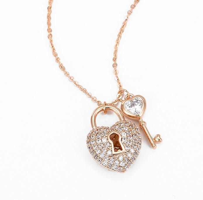 Jewelry Fashion Lucky Lock Heart Shape Lock Key Pendant Gift Rose Gold Diamond Necklace