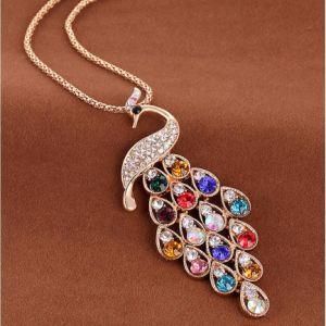 Jewelry Super Dazzling Gold Color Rhinestone Colorful Peacock Long Necklace