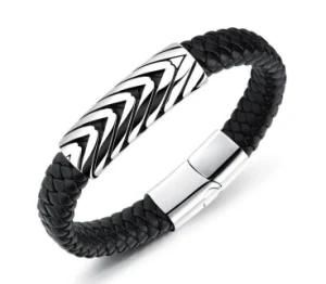 Black Men&prime;s Punk Texture PU Leather Stainless Steel Bracelet Fashion Wristband