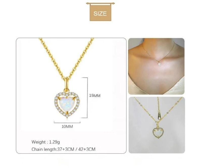925 Silver Jewelry Opal Stone Heart Pendant Necklace Women Zircon Light Luxury Wedding 14K Gold Plated Jewelry