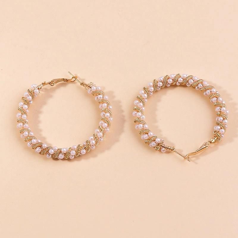 Manufacture New Design Fashion Popular Spring Oversized Hoop Earrings in 18K Gold Plated Statement Wrapping Pearl Clip Women Ears