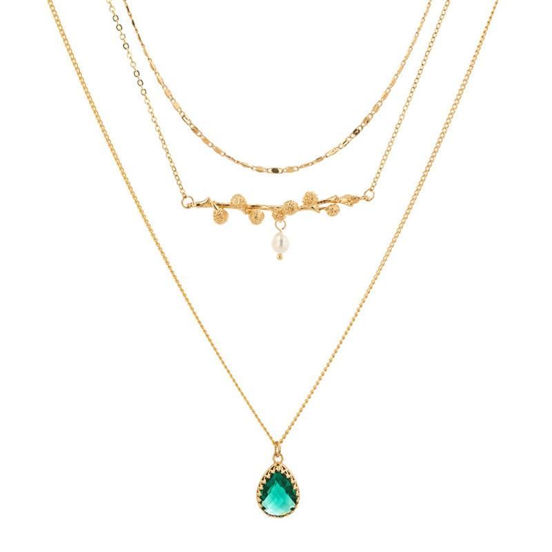 2022 Trendy 18K Gold Plated Clavicle Chain Choker Glass Tree Branch Pearl Necklace Emerald Teardrop Pendant 3 Layered Multiple Necklace for Women Girls and Lady