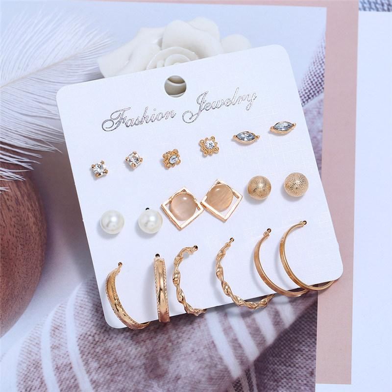 Manufacture Basic Classic 9 Pairs Stud Earring and Hoop Earring with Crystal Glass Studs Round Ccb Pearl Twisted Textured Hoop Earring for Women