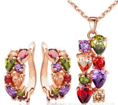 Colorful Ddubai Cheap Bridal 18K Gold Plated Zircon Necklace Earrings Jewelry Set