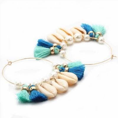 Vintage Bohamian Ear Accessories Hand-Made Tassel Pearl Conch Hoop Earrings