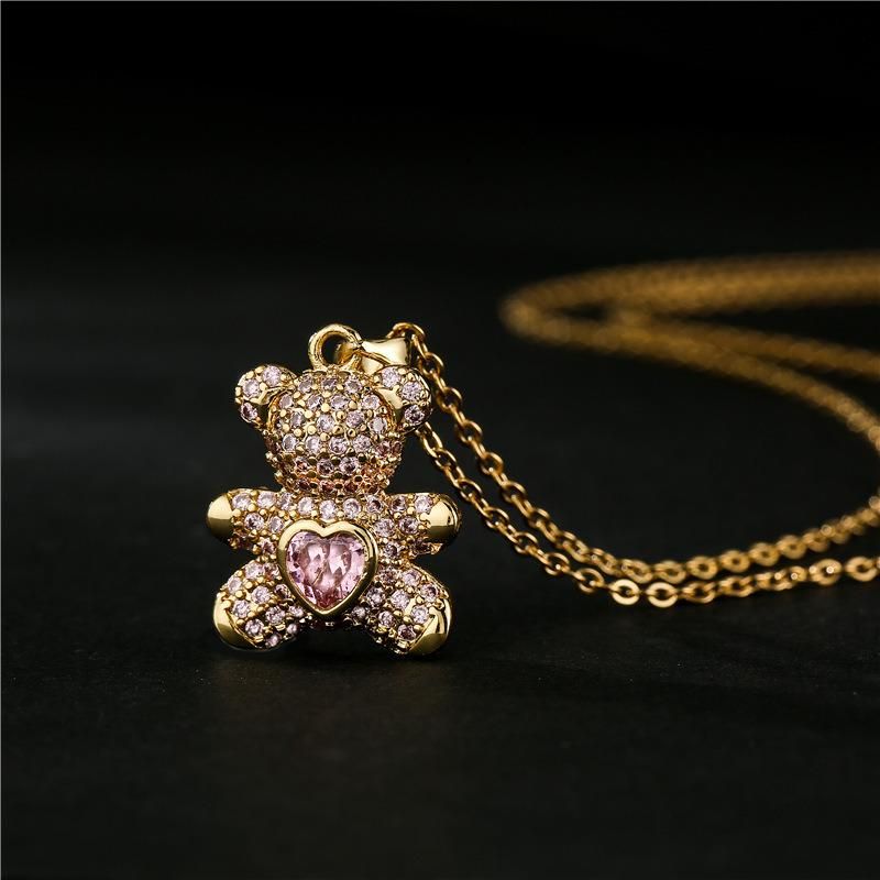 Fashion Brass Colorful Zircon Gold Plated Tophus Love Bear Necklace