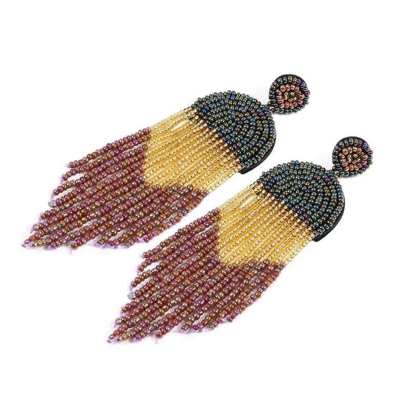 Handmade Tassel Rice Beads Bohemian Beaded Retro Jewelry Ethnic Style Exaggerated Colorful Earrings for Women